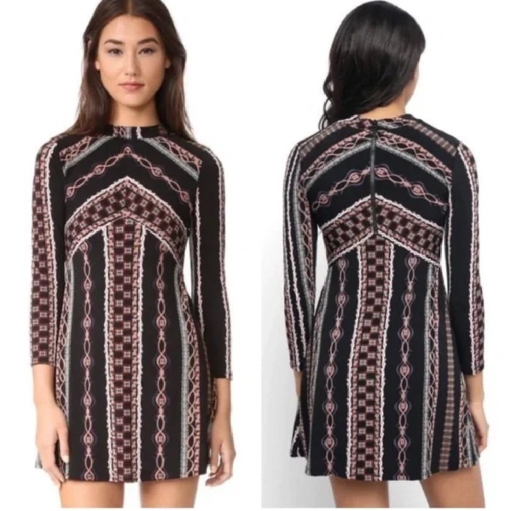 Free People Stella Black and Brown Geometric Mini Dress